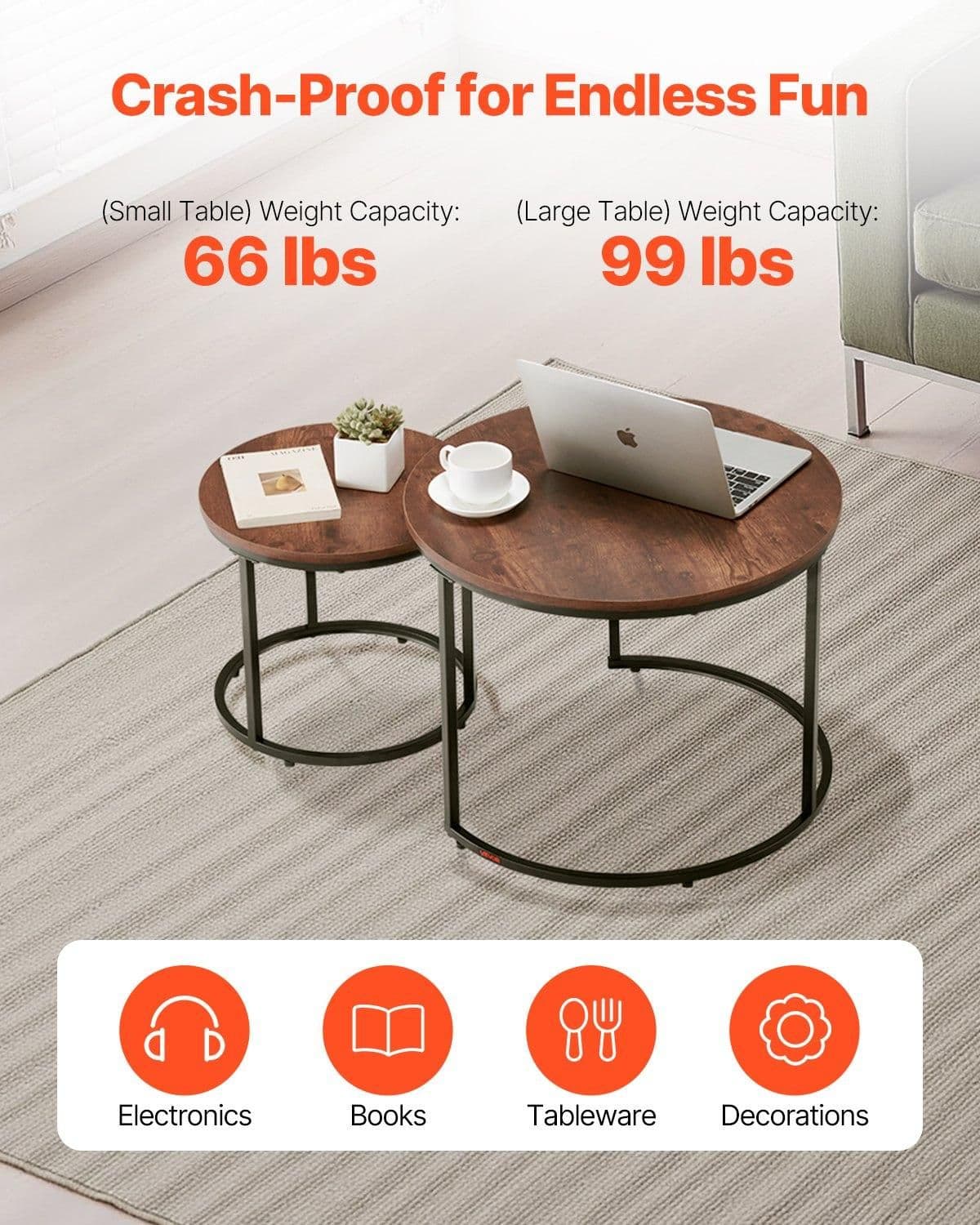 image-VEVOR Nesting Coffee Table Set of 2, 23.6 in Round Coffee Table, Nesting Tables for Small Place, End Side Tables Night Stand with Metal Frame, for Living Room, Bedroom, Office (Vintage Brown & Black)