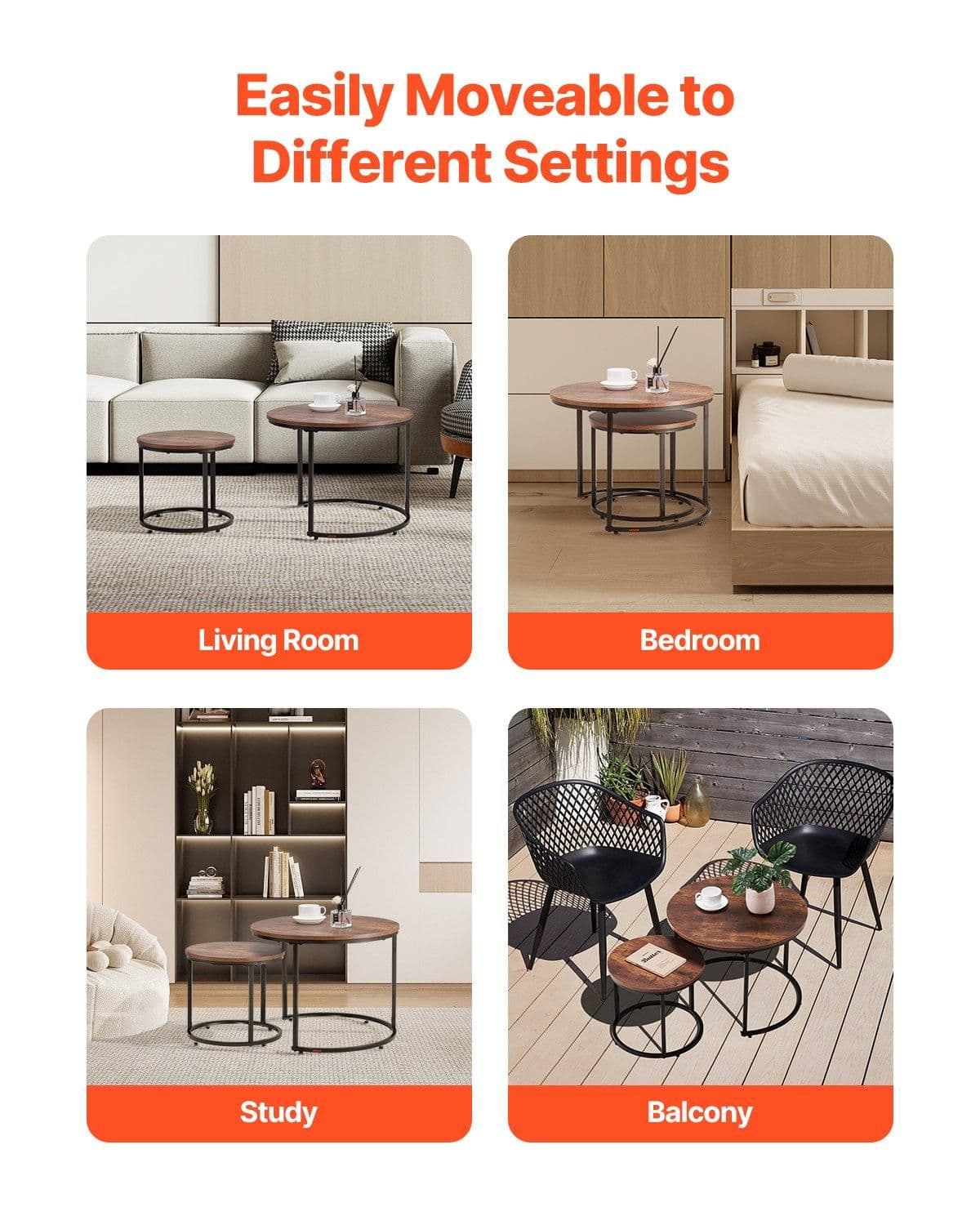 image-VEVOR Nesting Coffee Table Set of 2, 23.6 in Round Coffee Table, Nesting Tables for Small Place, End Side Tables Night Stand with Metal Frame, for Living Room, Bedroom, Office (Vintage Brown & Black)