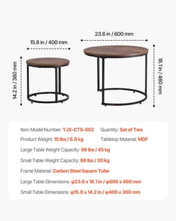 image-VEVOR Nesting Coffee Table Set of 2, 23.6 in Round Coffee Table, Nesting Tables for Small Place, End Side Tables Night Stand with Metal Frame, for Living Room, Bedroom, Office (Vintage Brown & Black)
