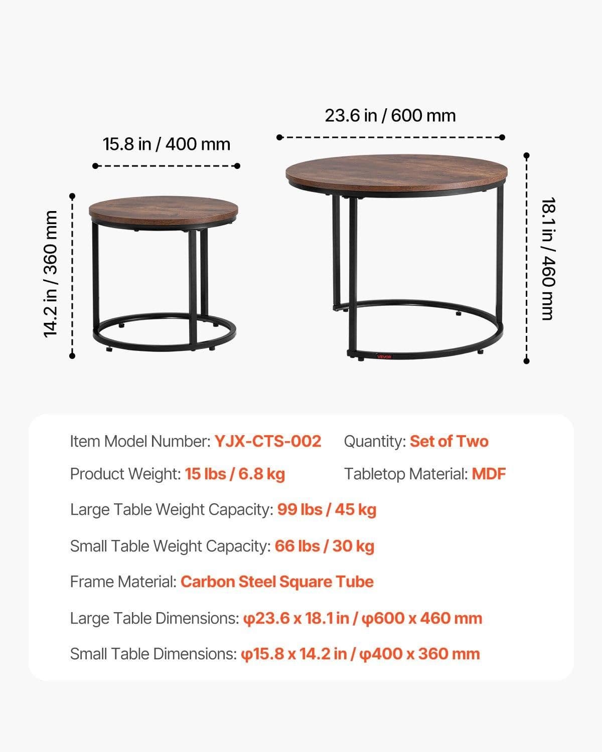 image-VEVOR Nesting Coffee Table Set of 2, 23.6 in Round Coffee Table, Nesting Tables for Small Place, End Side Tables Night Stand with Metal Frame, for Living Room, Bedroom, Office (Vintage Brown & Black)