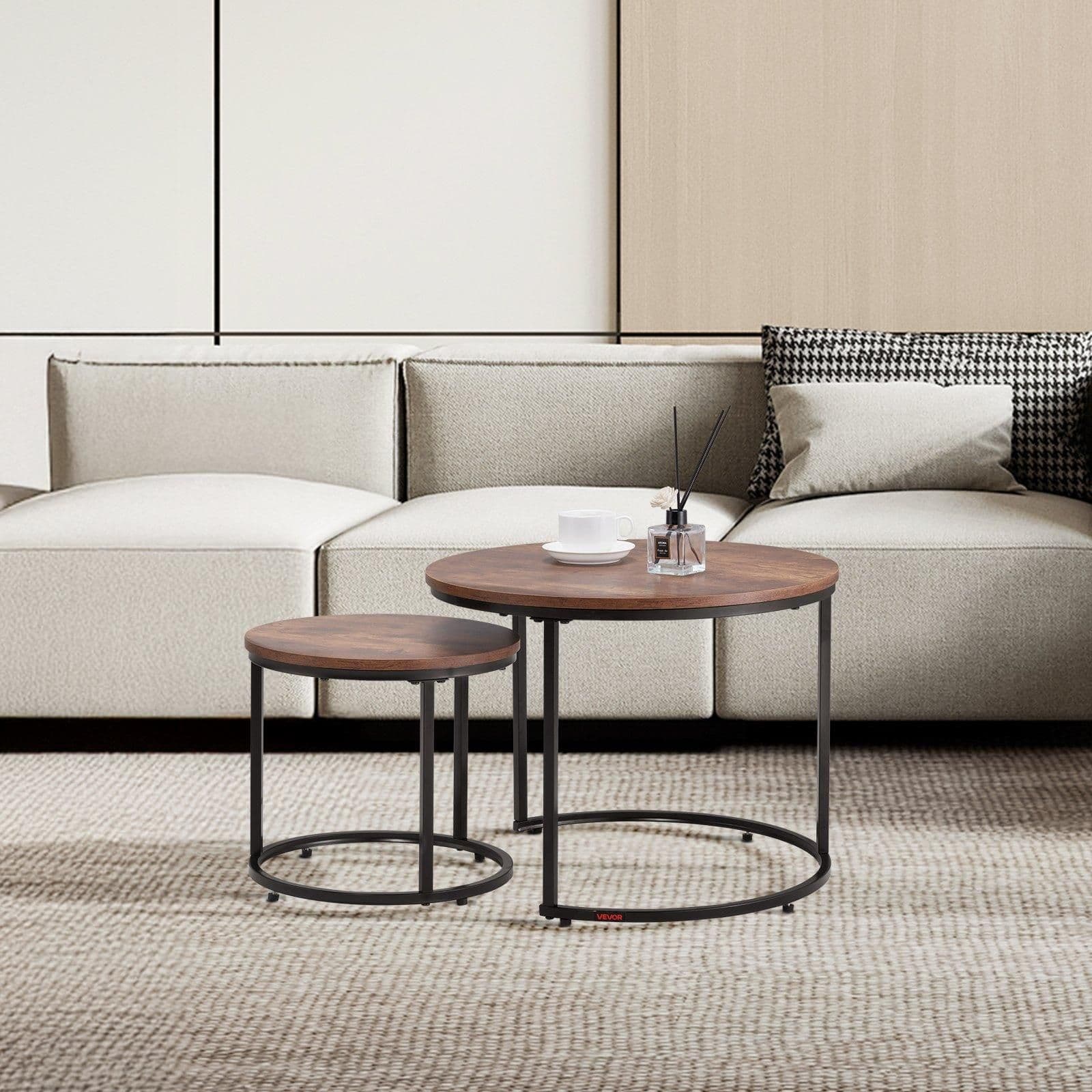 image-VEVOR Nesting Coffee Table Set of 2, 23.6 in Round Coffee Table, Nesting Tables for Small Place, End Side Tables Night Stand with Metal Frame, for Living Room, Bedroom, Office (Vintage Brown & Black)