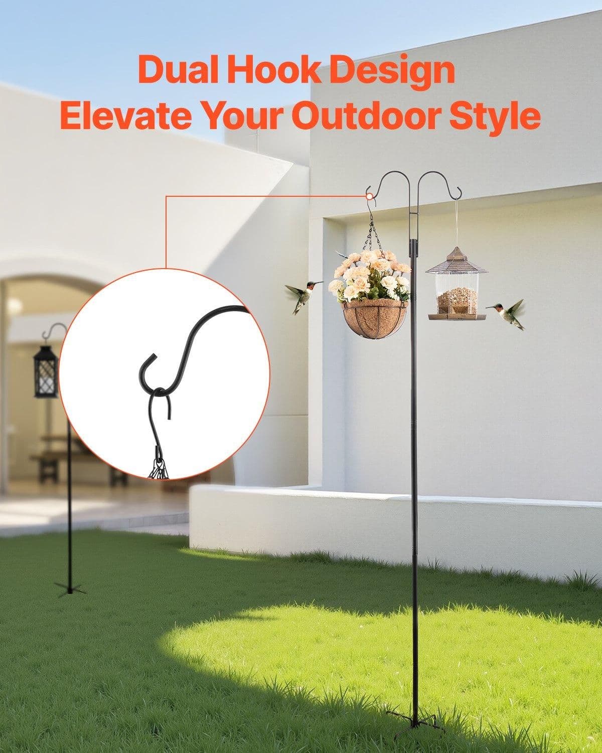 image-VEVOR Double Shepherds Hooks for Outdoor, 8 Pack 108 Inch Heavy Duty Bird Feeder Pole, 3/4 Inch Thick Garden Hooks for Hanging Hummingbird Feeder, Plant Baskets, Solar Light Lanterns,Wind Chimes