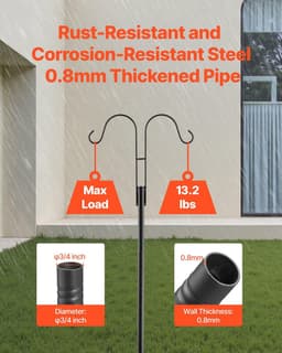 image-VEVOR Double Shepherds Hooks for Outdoor, 8 Pack 108 Inch Heavy Duty Bird Feeder Pole, 3/4 Inch Thick Garden Hooks for Hanging Hummingbird Feeder, Plant Baskets, Solar Light Lanterns,Wind Chimes