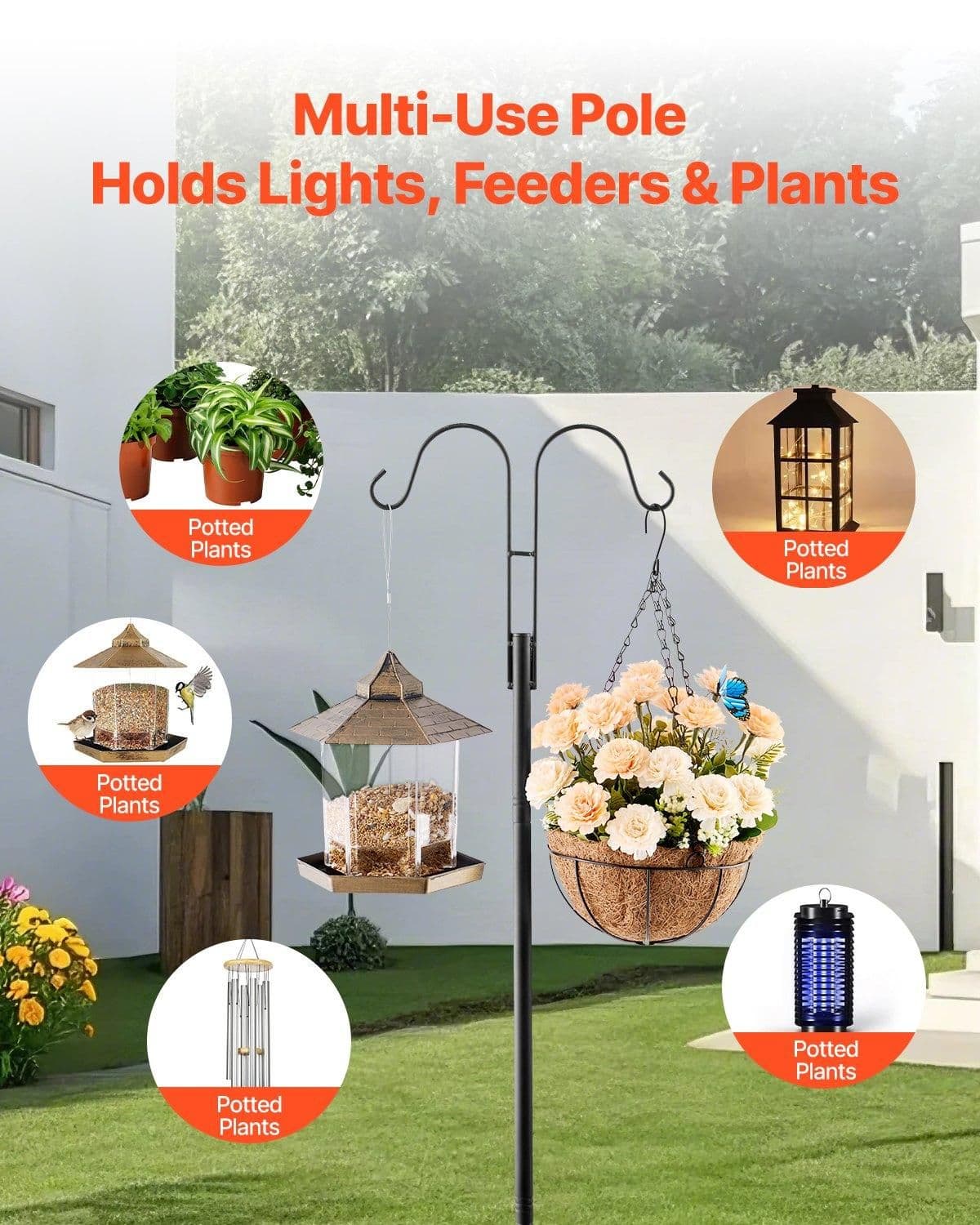 image-VEVOR Double Shepherds Hooks for Outdoor, 8 Pack 108 Inch Heavy Duty Bird Feeder Pole, 3/4 Inch Thick Garden Hooks for Hanging Hummingbird Feeder, Plant Baskets, Solar Light Lanterns,Wind Chimes