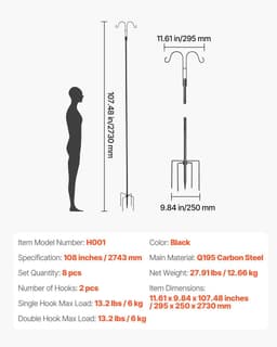 image-VEVOR Double Shepherds Hooks for Outdoor, 8 Pack 108 Inch Heavy Duty Bird Feeder Pole, 3/4 Inch Thick Garden Hooks for Hanging Hummingbird Feeder, Plant Baskets, Solar Light Lanterns,Wind Chimes