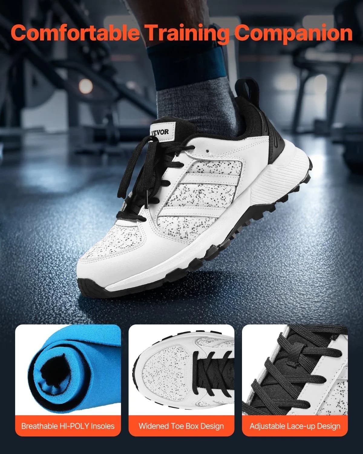 image-VEVOR Cross Training Shoes, M Width Sneakers US Size 12, Wide Toe Box Shoes with Arch Support & Adjustable Lace-up, Training Shoes for Running, Gymnastics, Dog Walking, and Weightlifting (White)