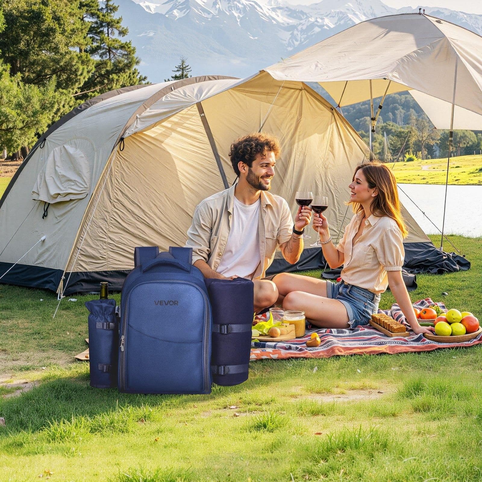 image-VEVOR Picnic Backpack, Beach Picnic Backpack Bag for 2 Person with Insulated Cooler Compartment, Detachable Bottle/Wine Holder, Lightweight Blanket, Plates & Cutlery Set for Hiking, Camping, Navy Blue