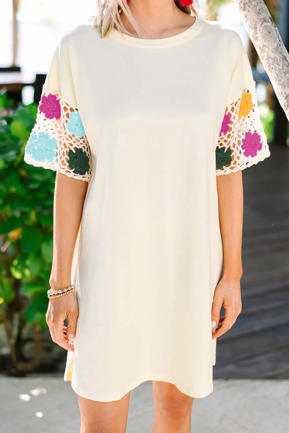 image-White Floral Crochet Splicing Sleeve T Shirt Dress