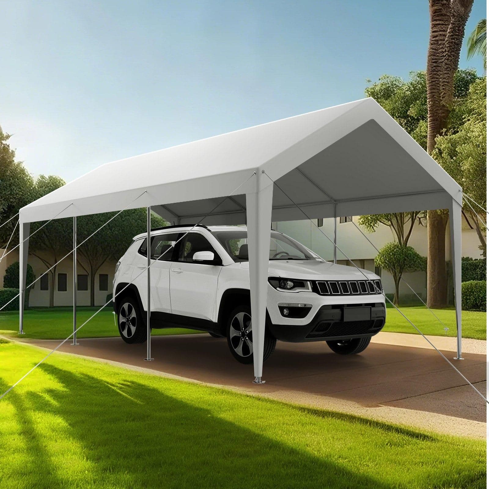 image-VEVOR Carport, 10 x 20 FT Outdoor Car Canopy, Potable Carport, Heavy Duty Galvanized Car Shelter, UV-Resistant & Water-Resistant, All-Season Protection, Storage Shed for Boat Motorcycle White