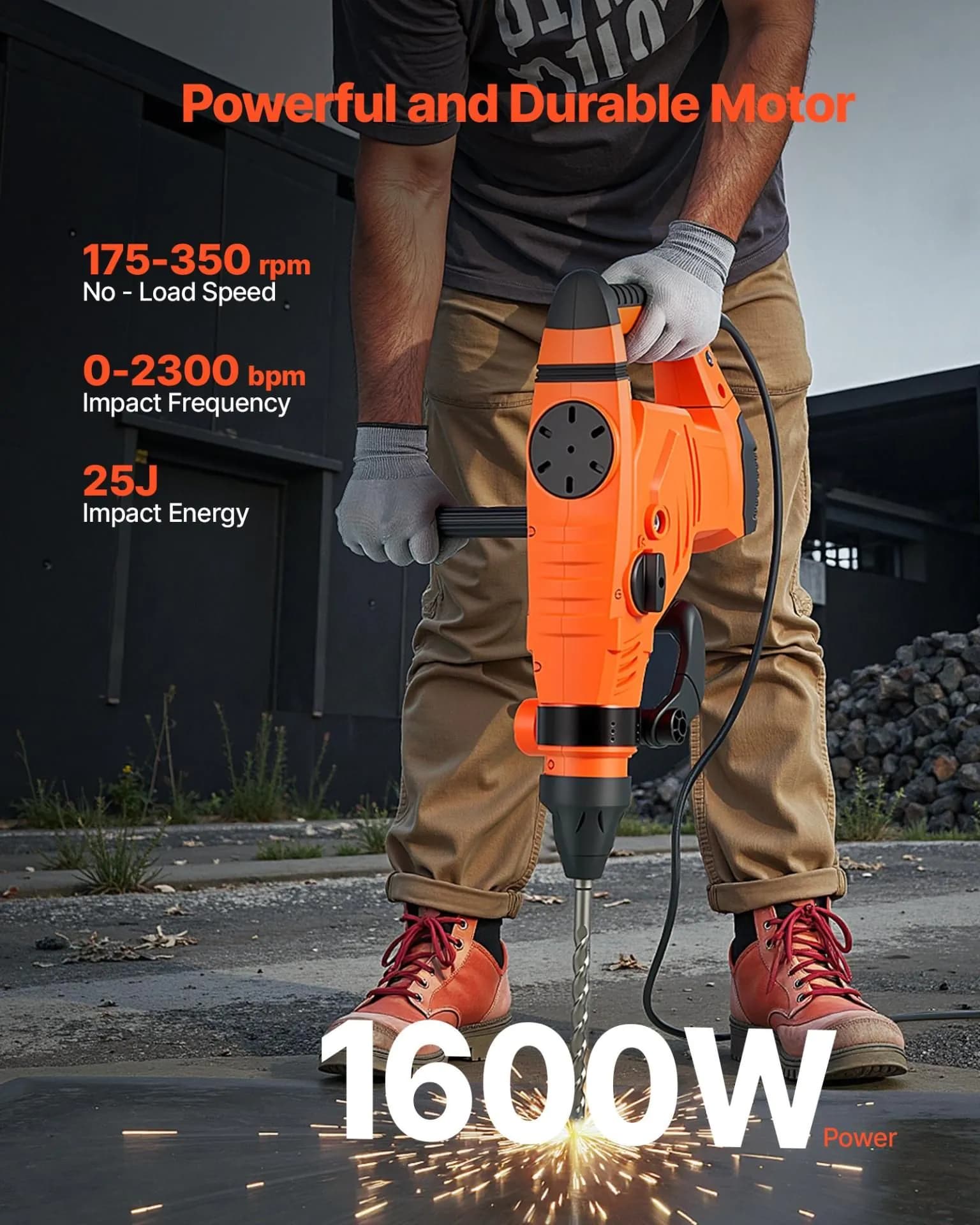 image-VEVOR Corded Hammer Drill, 1600W 175-350RPM Electric Demolition Drills, 2-Inch SDS-Max Rotary Hammer Driver, 3 Functions Chipping Power Tool Kit for Concrete, Drilling Wood Plastic
