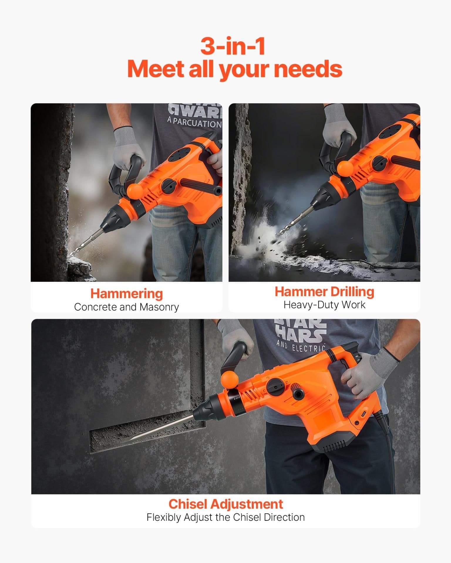 image-VEVOR Corded Hammer Drill, 1600W 175-350RPM Electric Demolition Drills, 2-Inch SDS-Max Rotary Hammer Driver, 3 Functions Chipping Power Tool Kit for Concrete, Drilling Wood Plastic