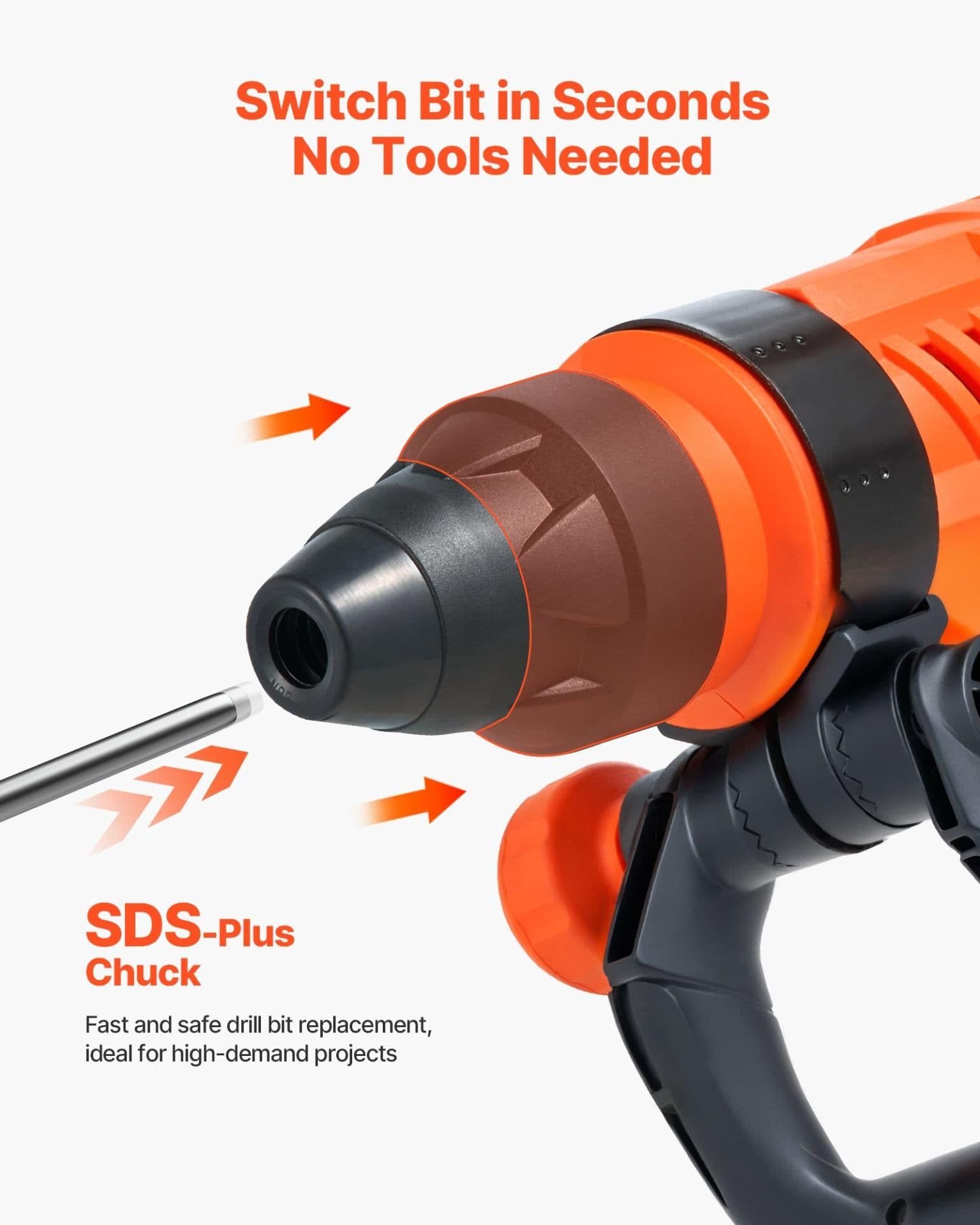 image-VEVOR Corded Hammer Drill, 1600W 175-350RPM Electric Demolition Drills, 2-Inch SDS-Max Rotary Hammer Driver, 3 Functions Chipping Power Tool Kit for Concrete, Drilling Wood Plastic