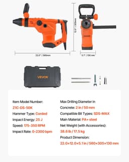 image-VEVOR Corded Hammer Drill, 1600W 175-350RPM Electric Demolition Drills, 2-Inch SDS-Max Rotary Hammer Driver, 3 Functions Chipping Power Tool Kit for Concrete, Drilling Wood Plastic