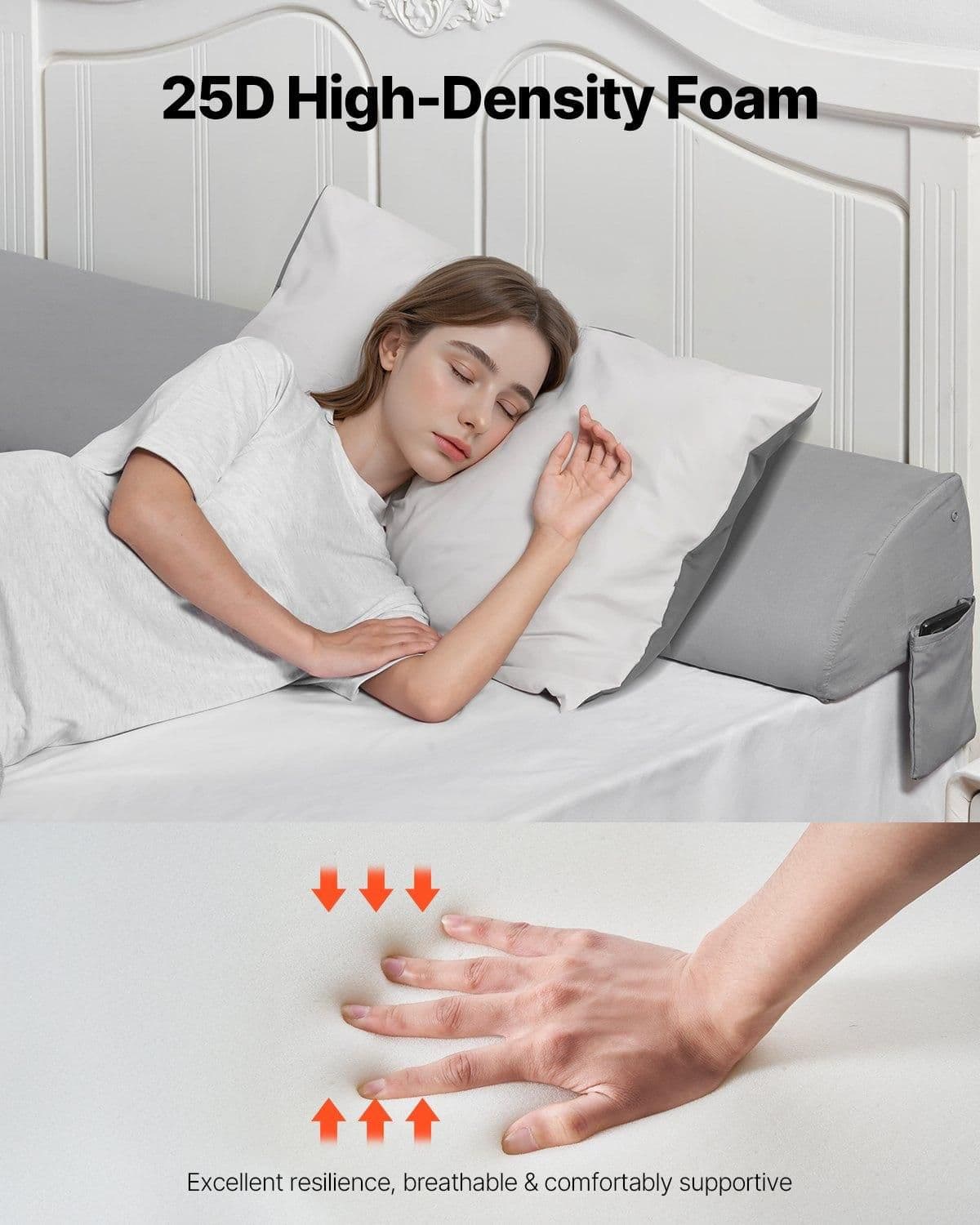 image-VEVOR Bed Wedge Pillow for Headboard, King Size, 76"x8"x6" Bed Gap Filler, Fill 0-5" Gap Between Headboard and Mattress, 25D Foam Mattress Wedge Headboard Pillow with Side Pocket, for Backrest, Gray