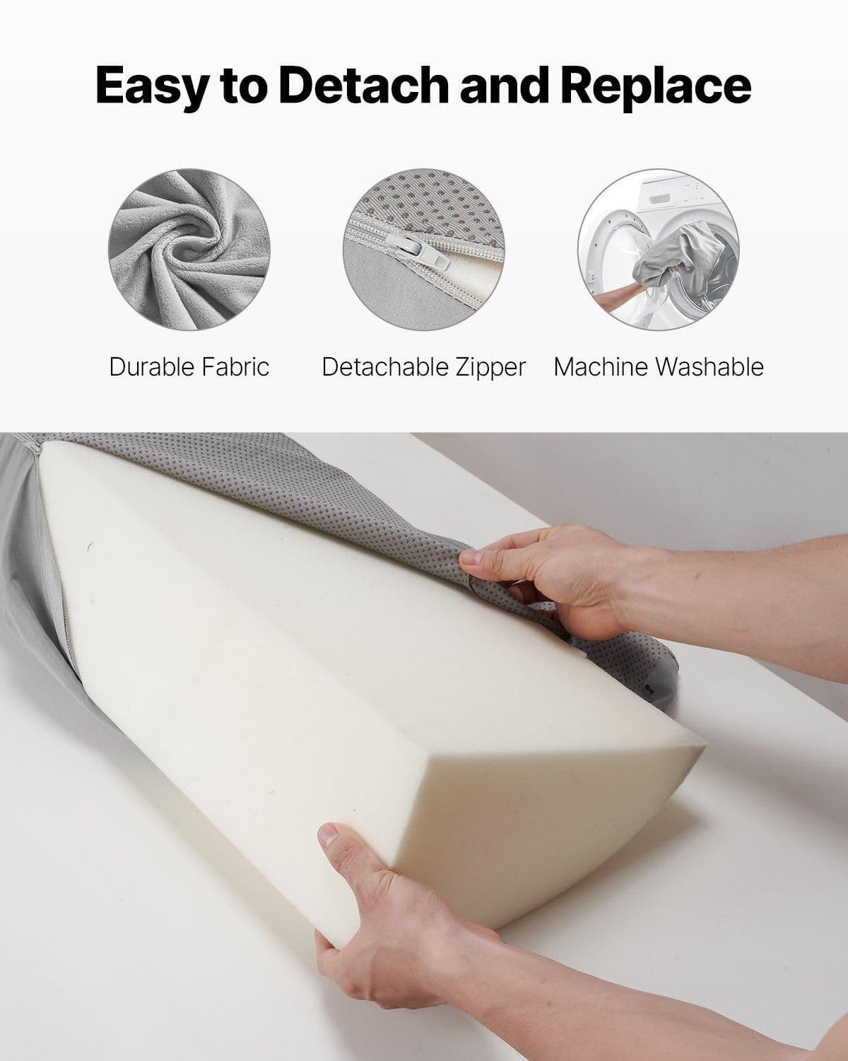 image-VEVOR Bed Wedge Pillow for Headboard, King Size, 76"x8"x6" Bed Gap Filler, Fill 0-5" Gap Between Headboard and Mattress, 25D Foam Mattress Wedge Headboard Pillow with Side Pocket, for Backrest, Gray
