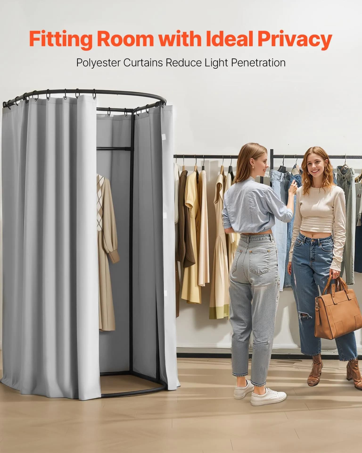 image-VEVOR Fitting Room, Dressing Room with Thick Polyester Curtains, Privacy Space with Shading Curtain and a Hook, for Boutique, Mall, Tailor's Store & Outdoor 39 x 37 x 79 in (Black and Gray-White)