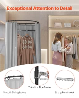 image-VEVOR Fitting Room, Dressing Room with Thick Polyester Curtains, Privacy Space with Shading Curtain and a Hook, for Boutique, Mall, Tailor's Store & Outdoor 39 x 37 x 79 in (Black and Gray-White)