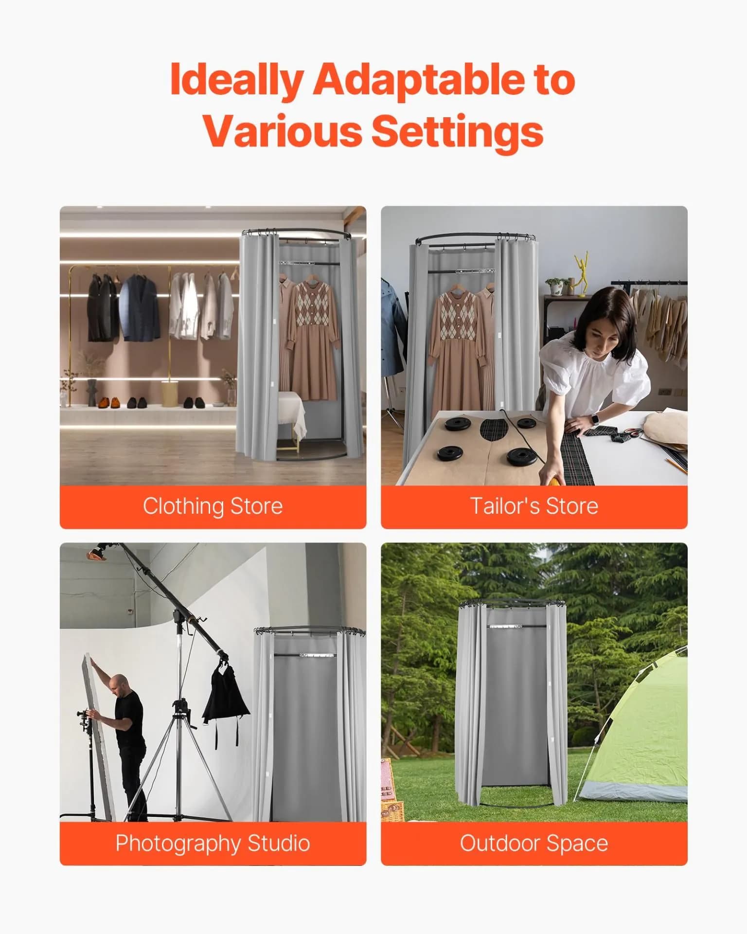 image-VEVOR Fitting Room, Dressing Room with Thick Polyester Curtains, Privacy Space with Shading Curtain and a Hook, for Boutique, Mall, Tailor's Store & Outdoor 39 x 37 x 79 in (Black and Gray-White)