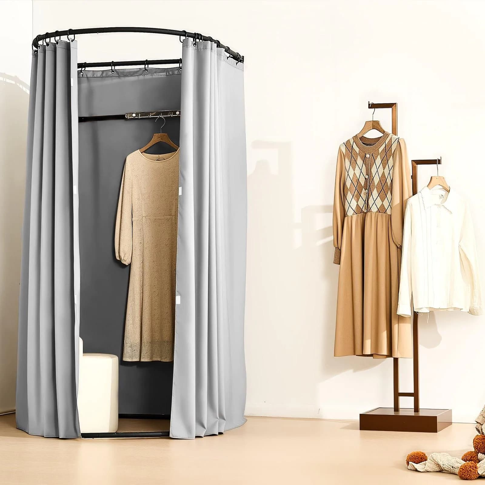 image-VEVOR Fitting Room, Dressing Room with Thick Polyester Curtains, Privacy Space with Shading Curtain and a Hook, for Boutique, Mall, Tailor's Store & Outdoor 39 x 37 x 79 in (Black and Gray-White)