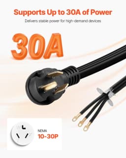 image-VEVOR 10 ft Dryer Power Cord, 3-Prong NEMA 10-30P Appliance Dryer Cord with Eyelet Connectors, 125V/250V, SDRT 10AWG/3C, 30A, Pure Copper Wire Cable with PVC Cable Tie, Ideal for Indoor & Outdoor Use