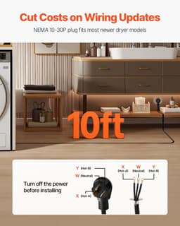 image-VEVOR 10 ft Dryer Power Cord, 3-Prong NEMA 10-30P Appliance Dryer Cord with Eyelet Connectors, 125V/250V, SDRT 10AWG/3C, 30A, Pure Copper Wire Cable with PVC Cable Tie, Ideal for Indoor & Outdoor Use
