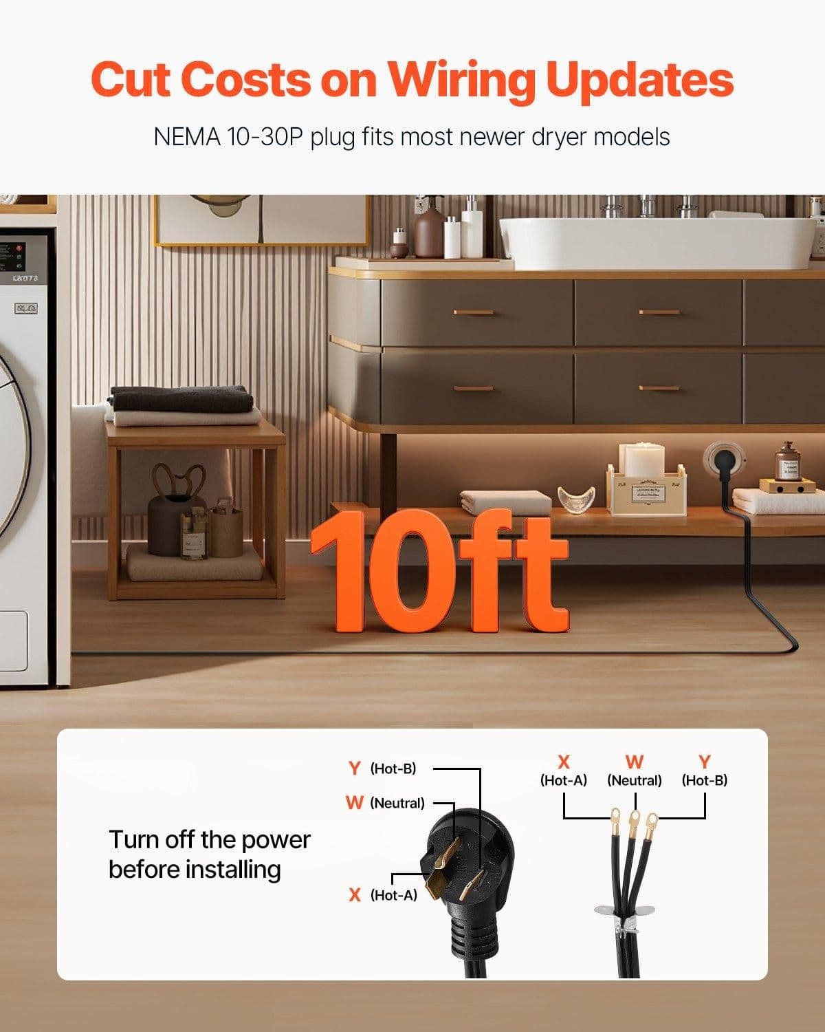 image-VEVOR 10 ft Dryer Power Cord, 3-Prong NEMA 10-30P Appliance Dryer Cord with Eyelet Connectors, 125V/250V, SDRT 10AWG/3C, 30A, Pure Copper Wire Cable with PVC Cable Tie, Ideal for Indoor & Outdoor Use