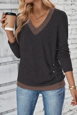 image-Chicory Color Block V Neck Long Sleeve Top