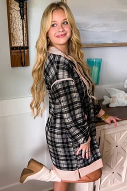image-Black Plaid Polo Collar Zip up Contrast Trim Shift Long Sleeve Mini Dress