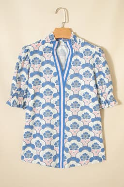 image-Sky Blue Floral Print Flounced Short Sleeve Contrast Trim V Neck Blouse