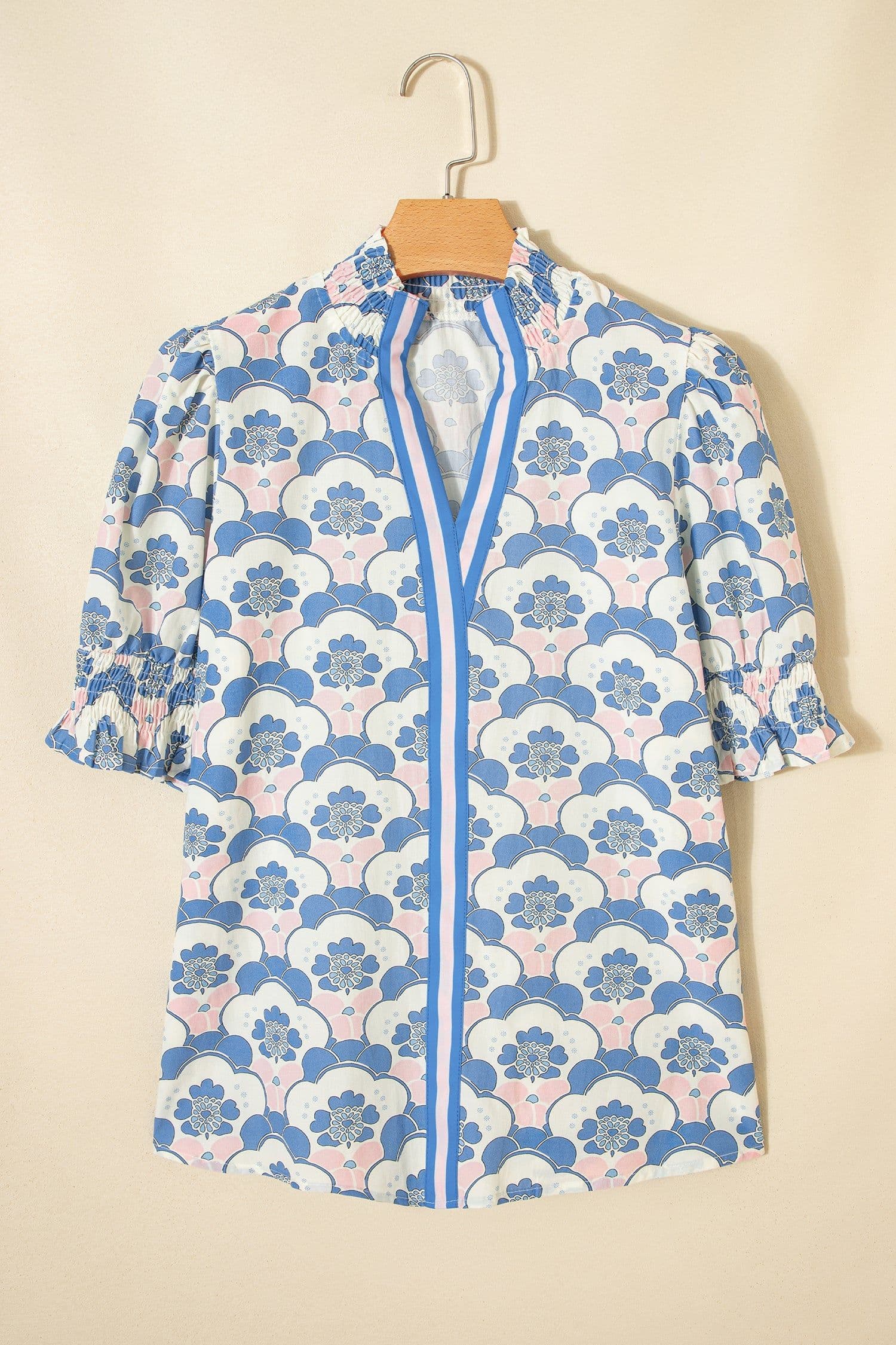 image-Sky Blue Floral Print Flounced Short Sleeve Contrast Trim V Neck Blouse