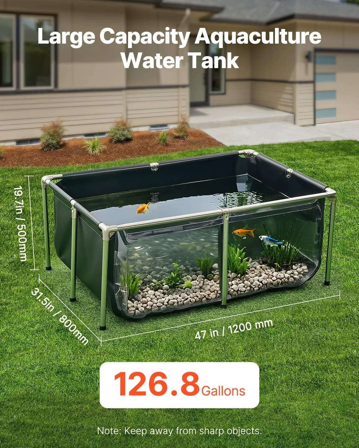 image-VEVOR Canvas Fish Pond, 126.8 Gal Above Ground Fish Pond, PVC Koi Tank with Clear Viewing Panel, Rectangular Goldfish Tank with Stainless Steel Frame & Drain Valve, for Breeding Koi, Irrigation(Black)