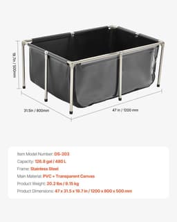 image-VEVOR Canvas Fish Pond, 126.8 Gal Above Ground Fish Pond, PVC Koi Tank with Clear Viewing Panel, Rectangular Goldfish Tank with Stainless Steel Frame & Drain Valve, for Breeding Koi, Irrigation(Black)