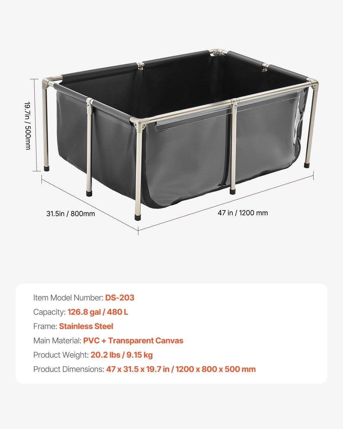 image-VEVOR Canvas Fish Pond, 126.8 Gal Above Ground Fish Pond, PVC Koi Tank with Clear Viewing Panel, Rectangular Goldfish Tank with Stainless Steel Frame & Drain Valve, for Breeding Koi, Irrigation(Black)