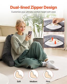 image-VEVOR Reading Pillow, Large Size Bed Pillow with Shredded Memory Foam, Back Pillow with 3 Pockets and Washable Short Velvet Cloth, Top with Handle, for Watching TV, Reading, Gaming, Resting, Grey