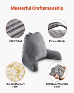 image-VEVOR Reading Pillow, Large Size Bed Pillow with Shredded Memory Foam, Back Pillow with 3 Pockets and Washable Short Velvet Cloth, Top with Handle, for Watching TV, Reading, Gaming, Resting, Grey