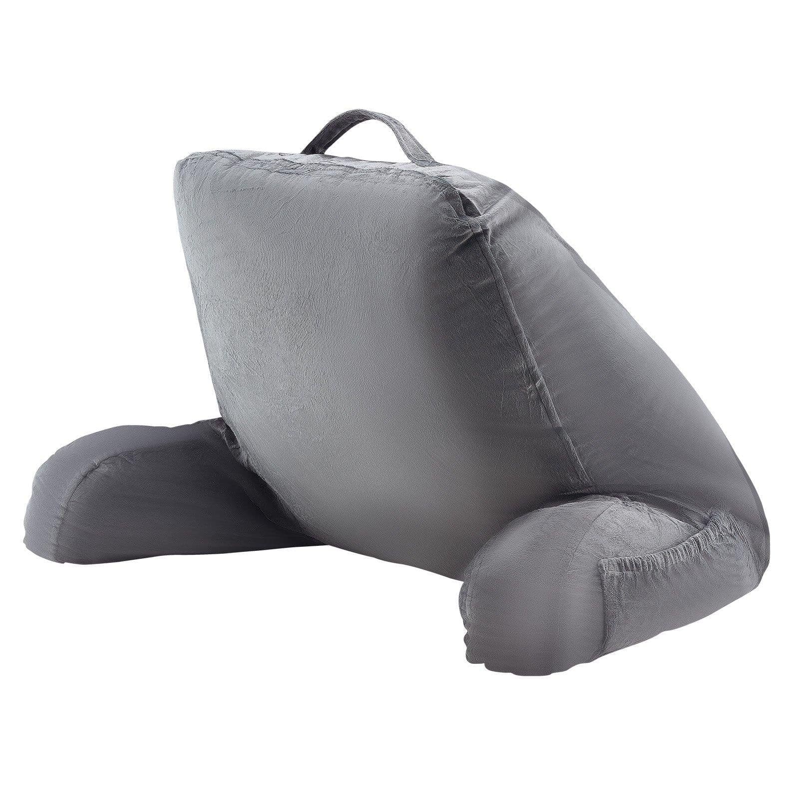 image-VEVOR Reading Pillow, Large Size Bed Pillow with Shredded Memory Foam, Back Pillow with 3 Pockets and Washable Short Velvet Cloth, Top with Handle, for Watching TV, Reading, Gaming, Resting, Grey