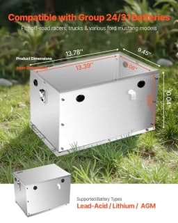 image-VEVOR Battery Box, Group 24/31 Trolling Motor Battery Box, Marine Batteries Case with Rubber-Grommet Cable Holes, Aluminum Alloy Shell Storage Case, Easy Installation, for Off-Road Racers, Trucks