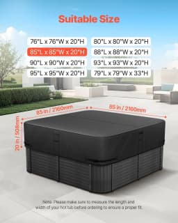 image-VEVOR Outdoor Hot Tub Cover, 85 x 85 x 20 Inch Weatherproof and Waterproof Hot Tub Cover Protector, 600D Heavy Duty Oxford Fabric and 950N Tearing Strength, Square Spa Covers for Hottub, Black