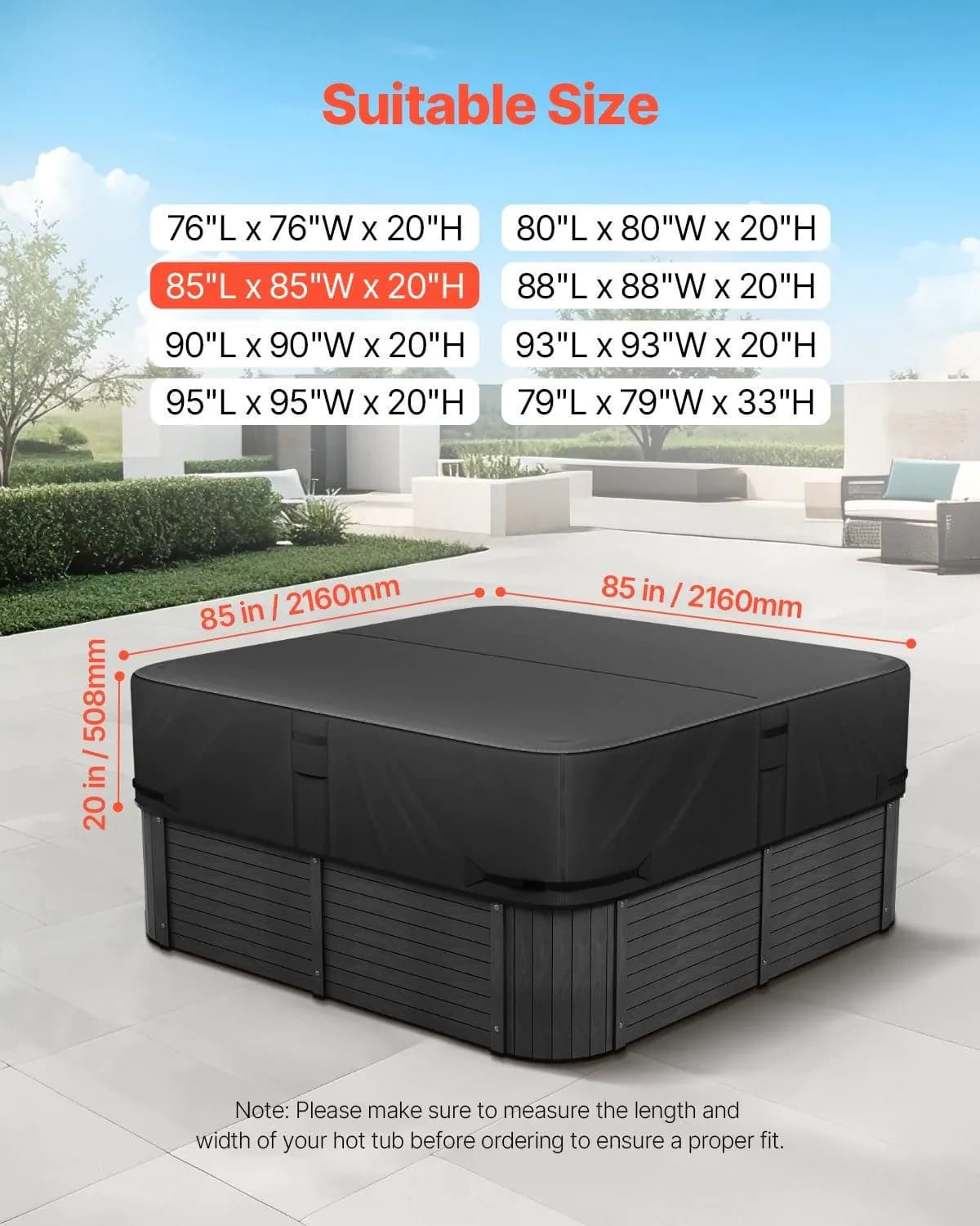 image-VEVOR Outdoor Hot Tub Cover, 85 x 85 x 20 Inch Weatherproof and Waterproof Hot Tub Cover Protector, 600D Heavy Duty Oxford Fabric and 950N Tearing Strength, Square Spa Covers for Hottub, Black