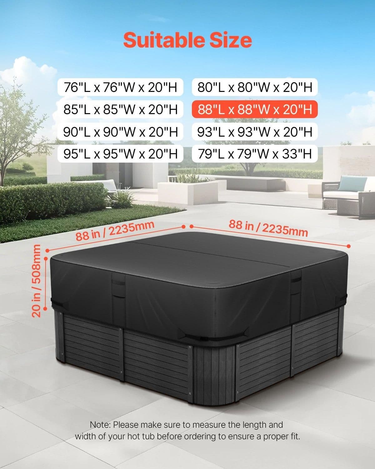 image-VEVOR Outdoor Hot Tub Cover, 88 x 88 x 20 Inch Weatherproof and Waterproof Hot Tub Cover Protector, 600D Heavy Duty Oxford Fabric and 950N Tearing Strength, Square Spa Covers for Hottub, Black