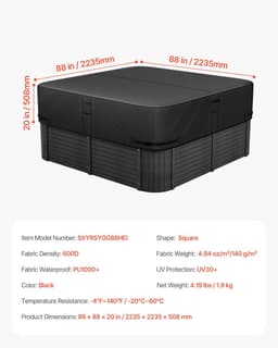 image-VEVOR Outdoor Hot Tub Cover, 88 x 88 x 20 Inch Weatherproof and Waterproof Hot Tub Cover Protector, 600D Heavy Duty Oxford Fabric and 950N Tearing Strength, Square Spa Covers for Hottub, Black