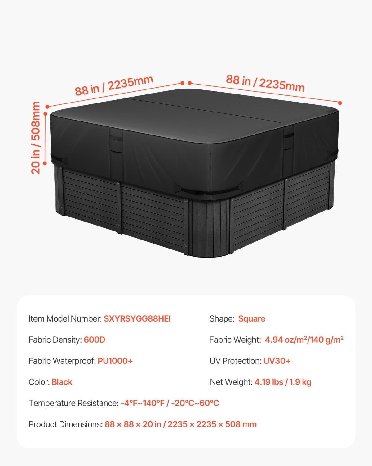 image-VEVOR Outdoor Hot Tub Cover, 88 x 88 x 20 Inch Weatherproof and Waterproof Hot Tub Cover Protector, 600D Heavy Duty Oxford Fabric and 950N Tearing Strength, Square Spa Covers for Hottub, Black