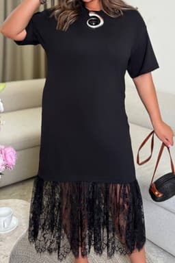 image-Black Plus Size Lace Hem Midi T-Shirt Dress