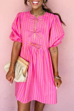 image-Rose Striped Print Bow Detail Short Puff Sleeve Mini Dress
