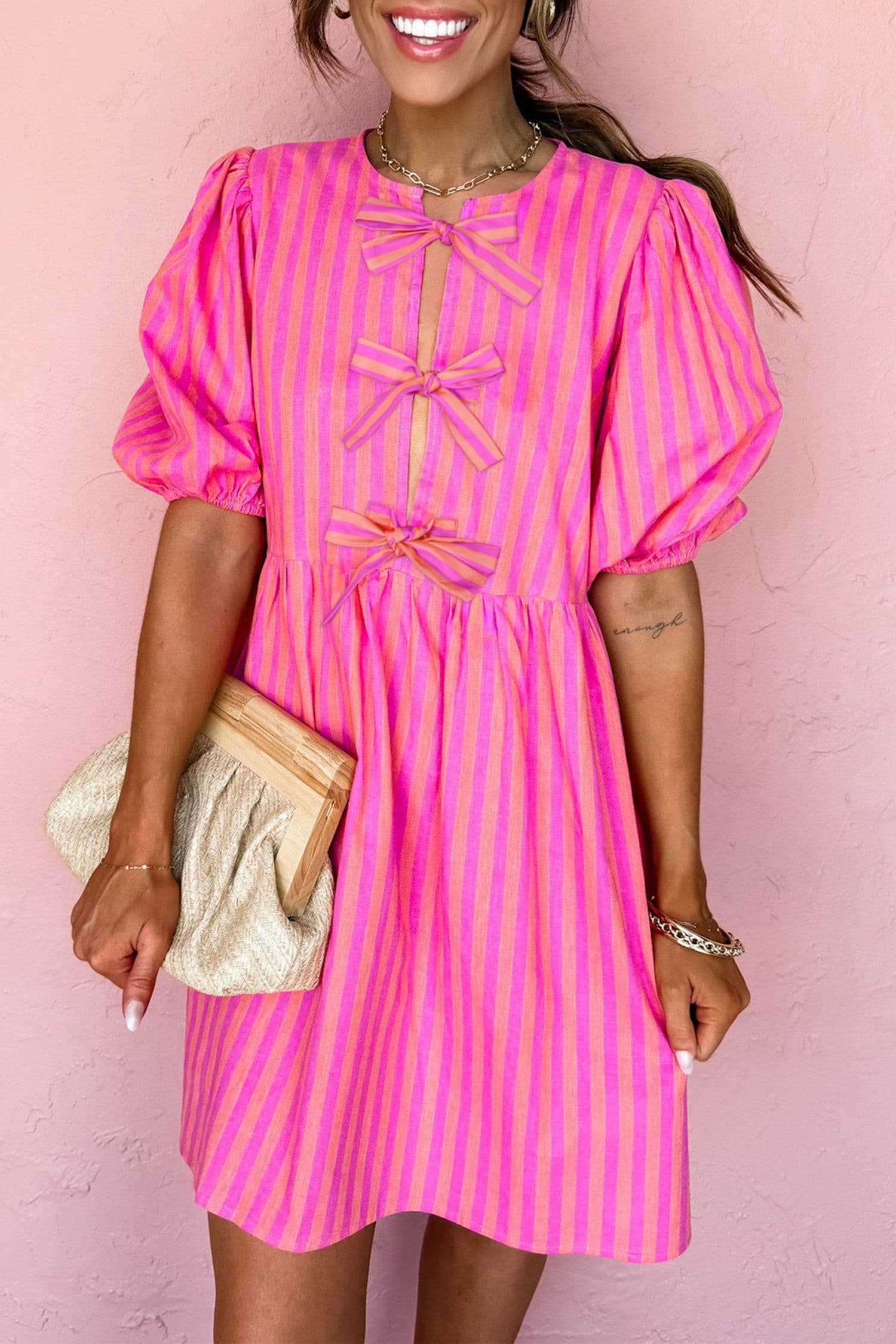 image-Rose Striped Print Bow Detail Short Puff Sleeve Mini Dress