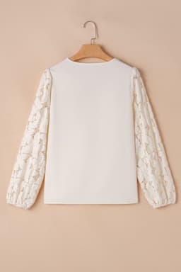 image-White Lace V-Neck Blouse with Hollow Lantern Sleeves (65 characters)