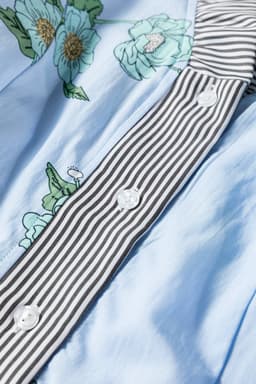 image-Sky Blue Floral Print Contrast Striped Trim Ruffled V Neck Fall Blouse