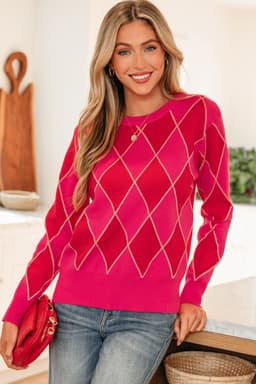 image-Rose Red Glitter Rhombus Pattern Knit Womens Casual Sweater