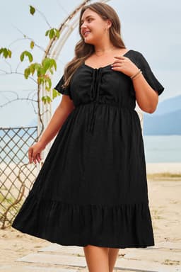 image-Black Plus Size Short Sleeve Lace-up High Waist Midi Dress