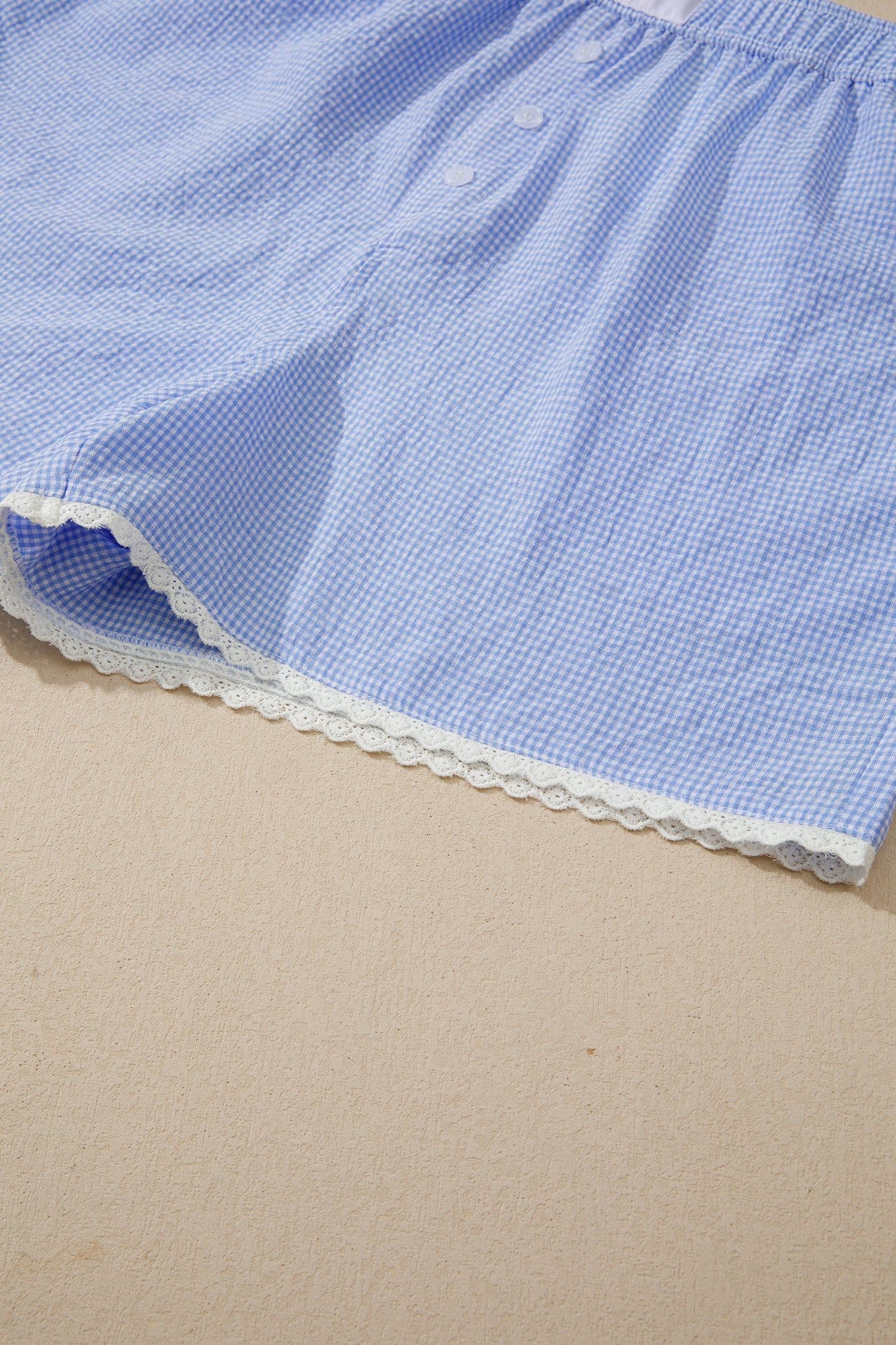 image-Sky Blue Gingham Boxer Shorts Lace Trim